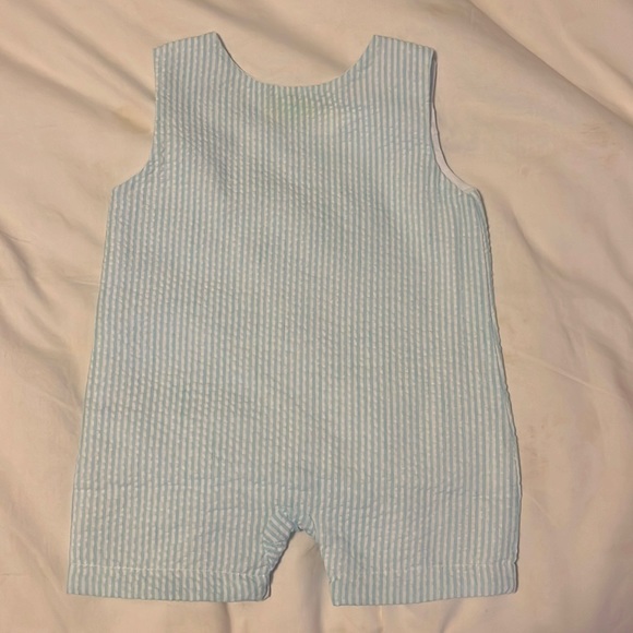Be Mine Infant Aqua Seersucker Shortall - Picture 2 of 2